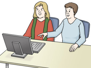 Zeichnung: zwei Leute sitzen am Schreibtisch. Sie gucken auf einen Computer-Bildschirm.